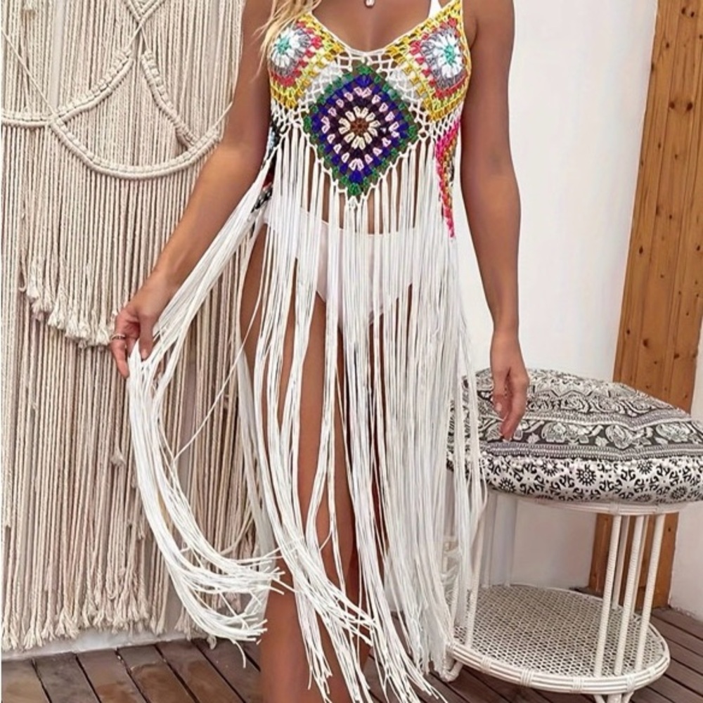 Boho Granny Square Fringe Cover Up